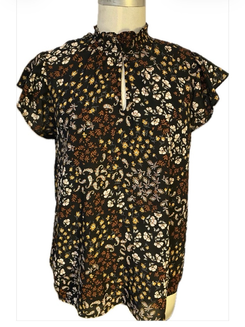 Maurices Black Floral Smocked Keyhole Flutter Sleeve Blouse